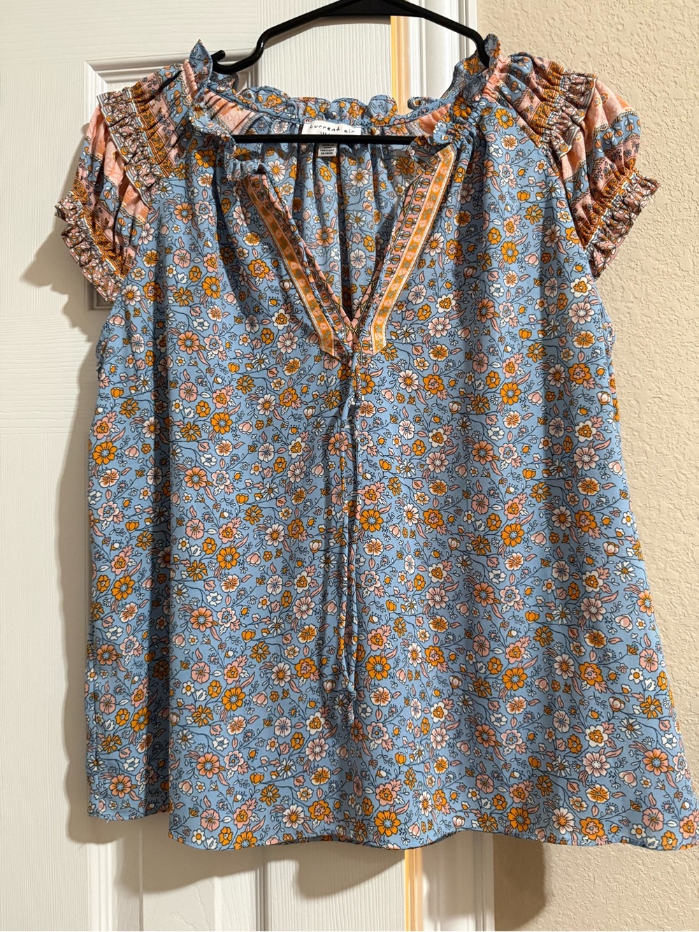 Blue Floral Ruffle Sleeve Boho Blouse
